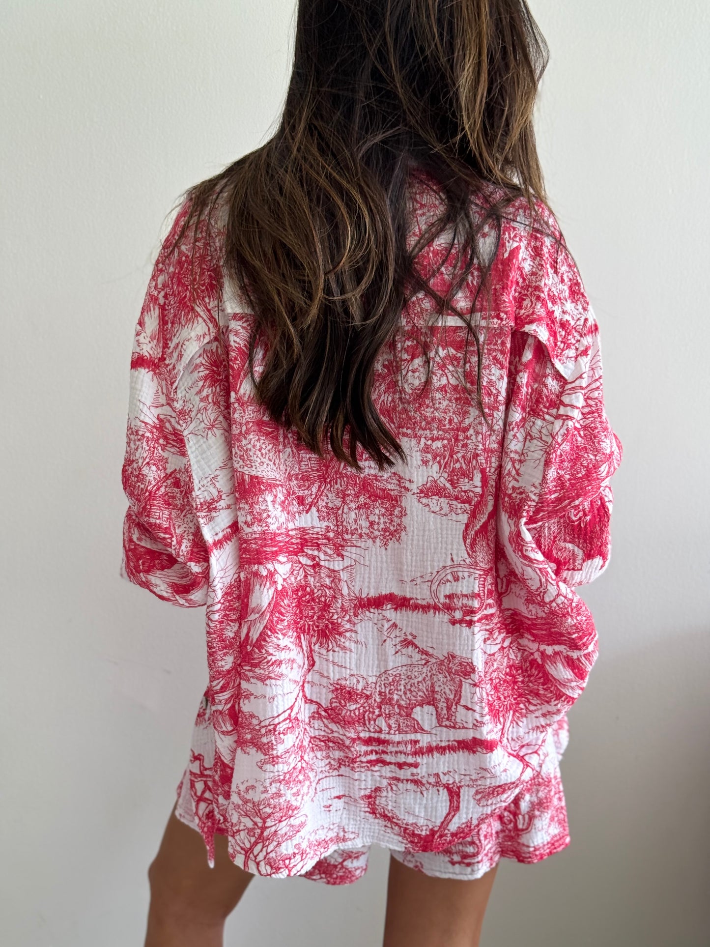 Red and White Printed Oversized Shirt Set