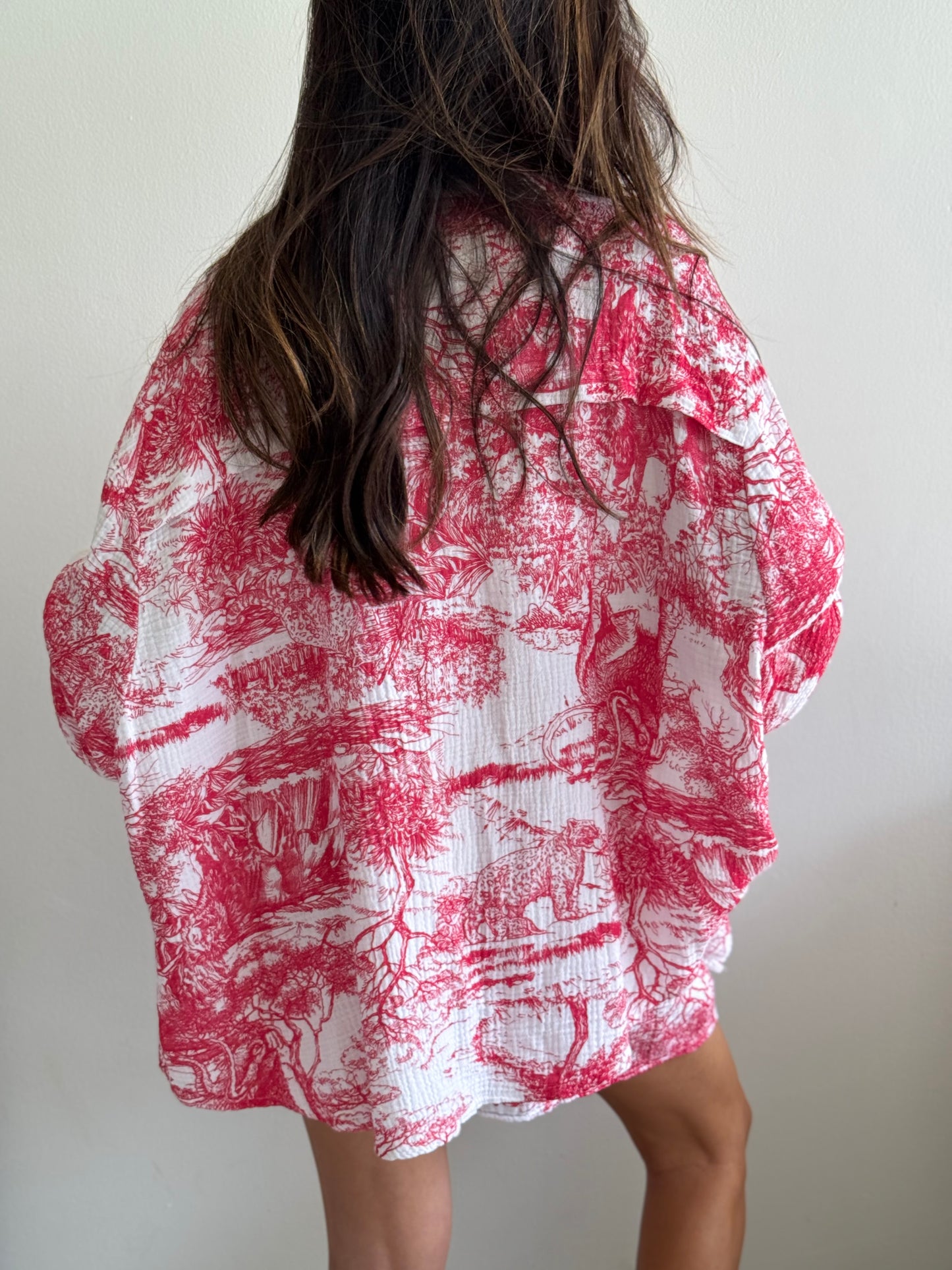 Red and White Printed Oversized Shirt Set