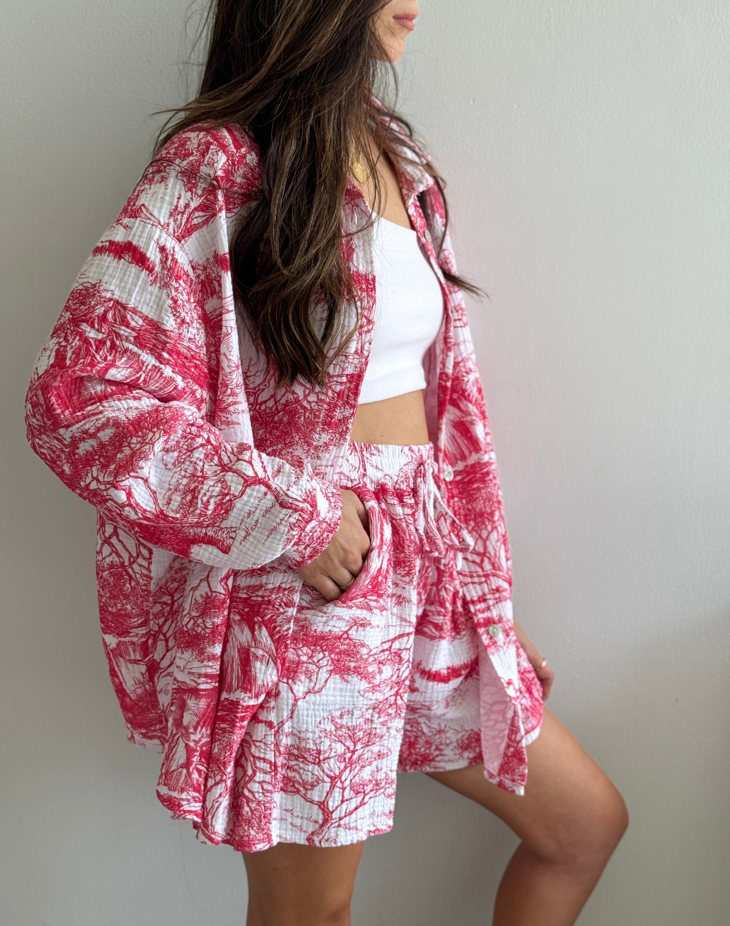Red and White Printed Oversized Shirt Set