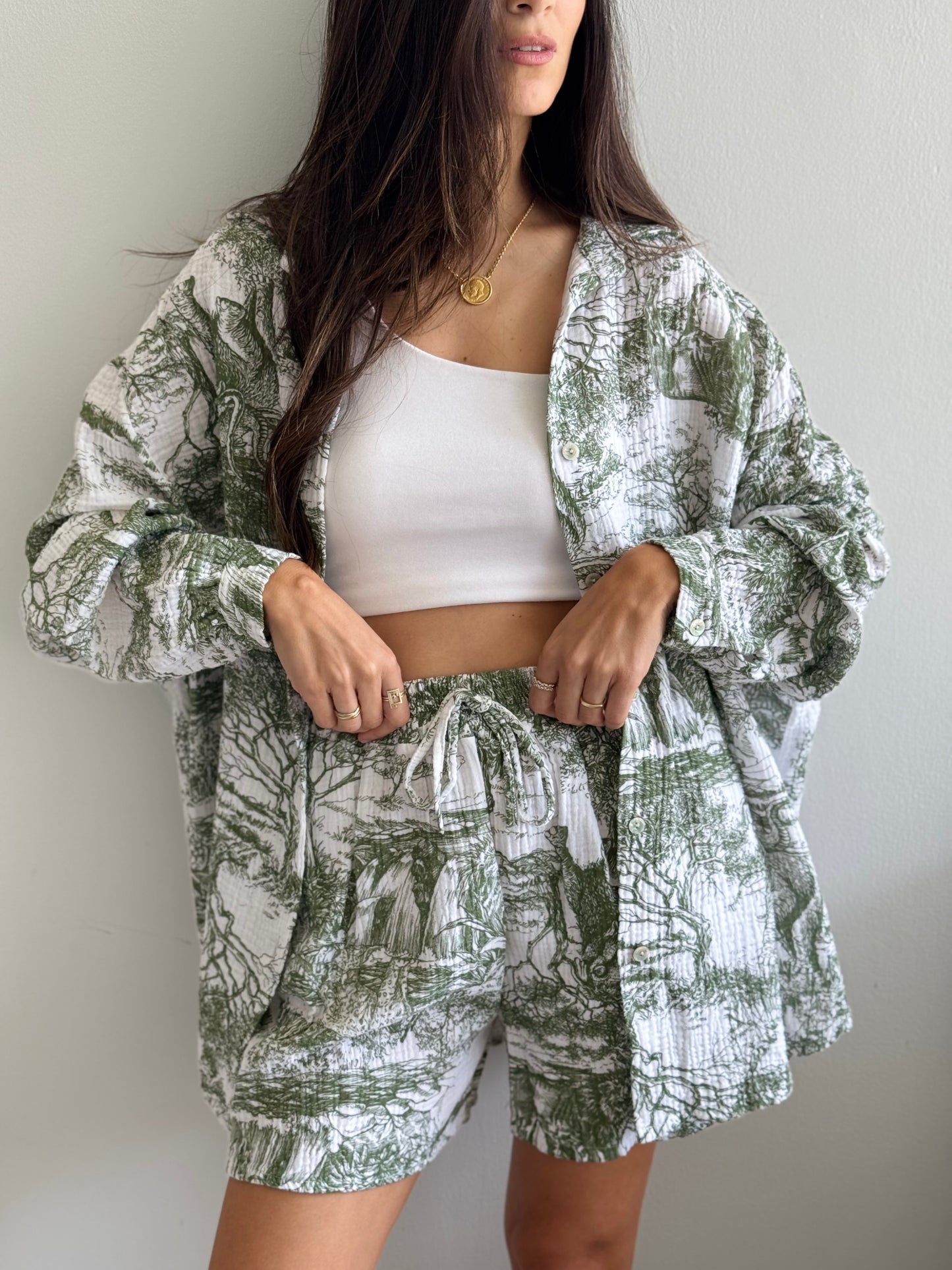 Olive Green and White Toile Print Co-ord Set
