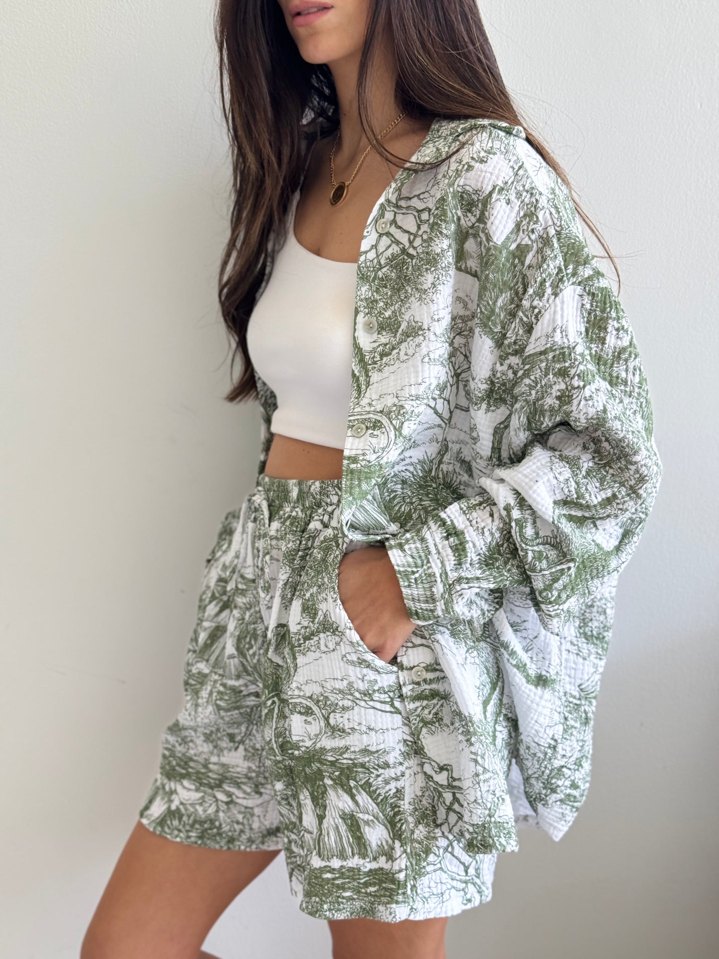 Olive Green and White Toile Print Co-ord Set