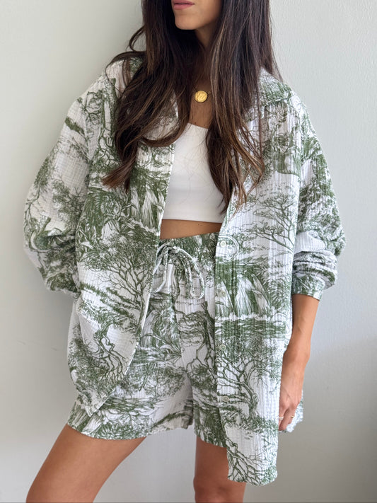 Olive Green and White Toile Print Co-ord Set