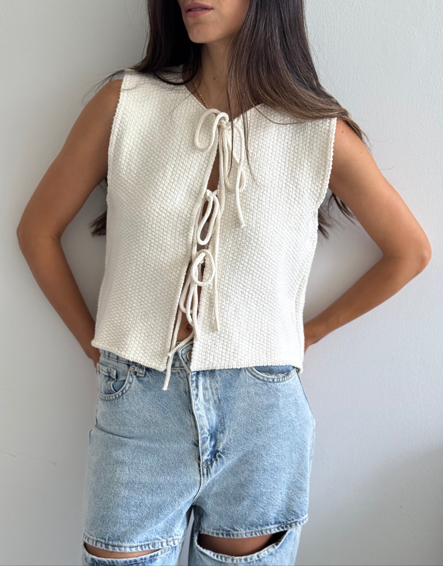 Ivory Knit Tie-Front Vest
