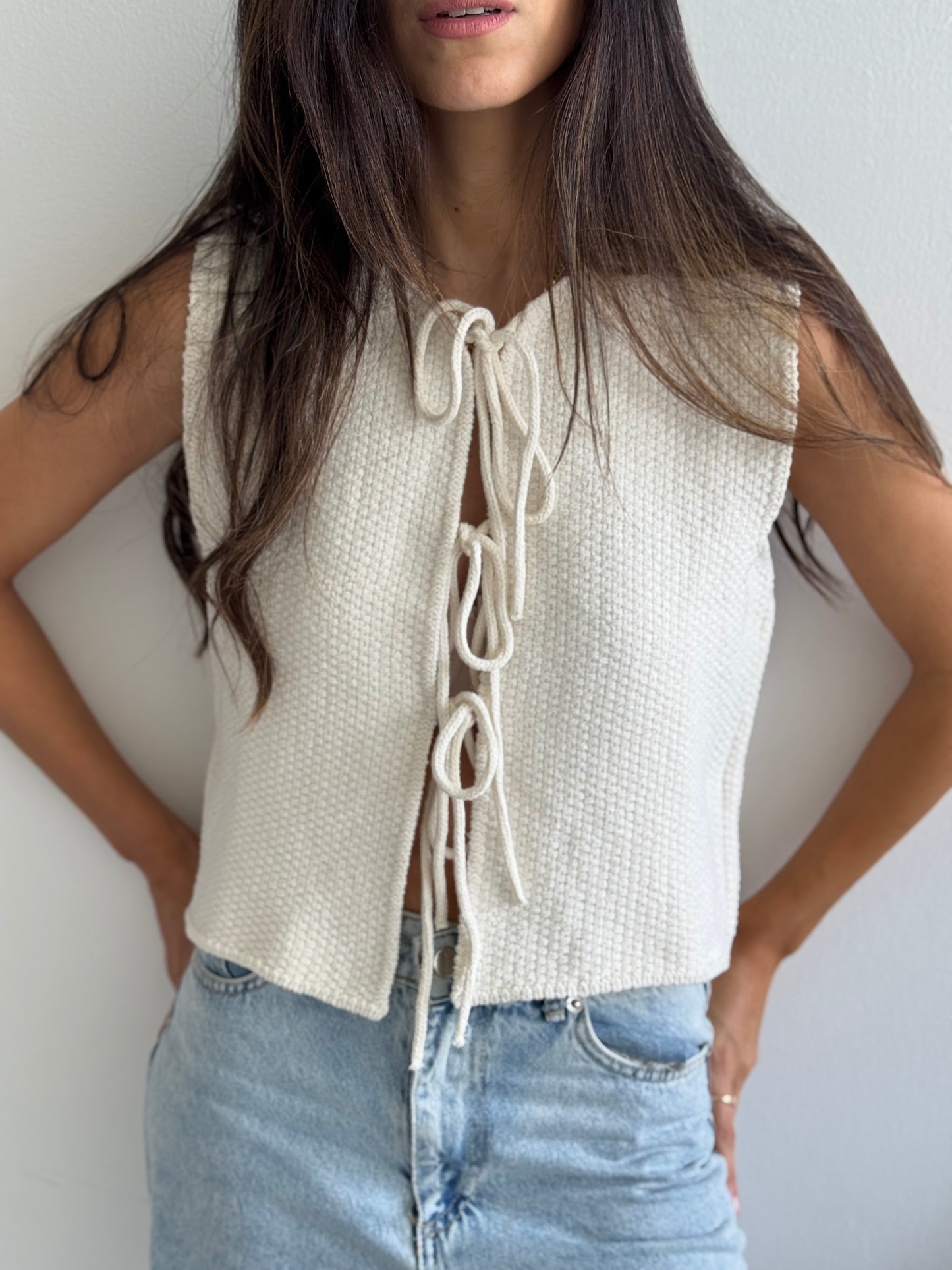 Ivory Knit Tie-Front Vest