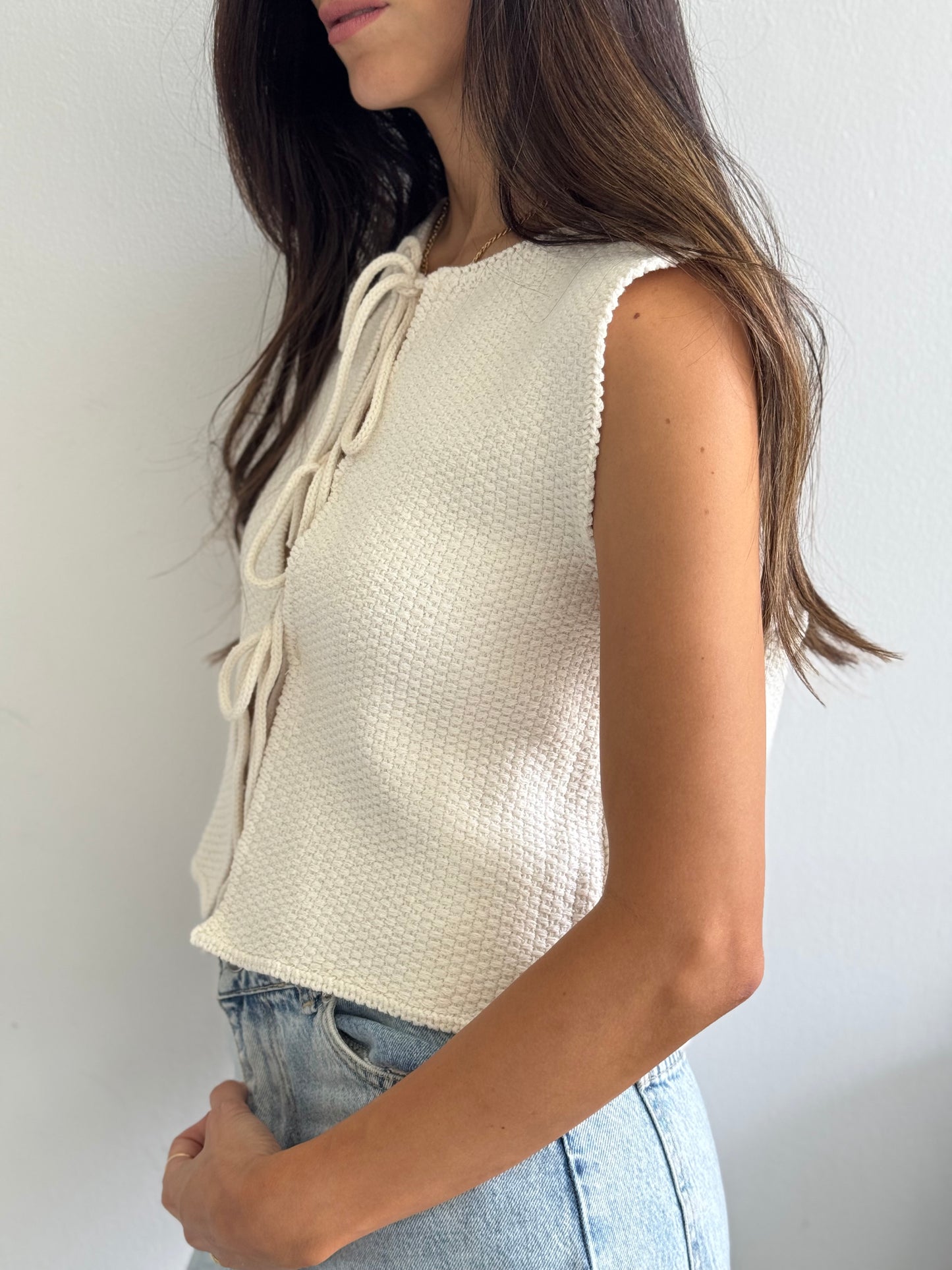 Ivory Knit Tie-Front Vest