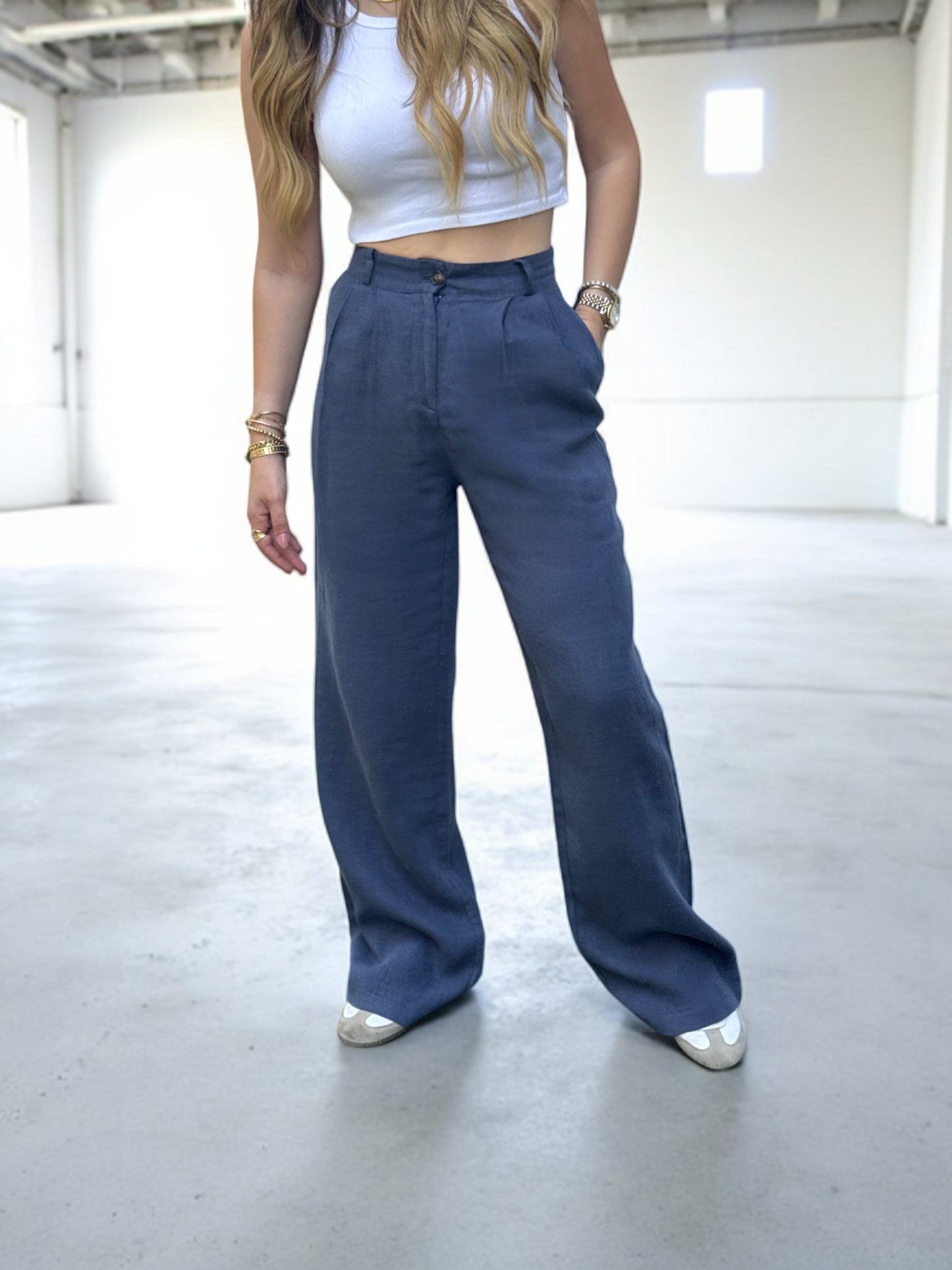 Linen Navy Blue Wide-Leg Pants