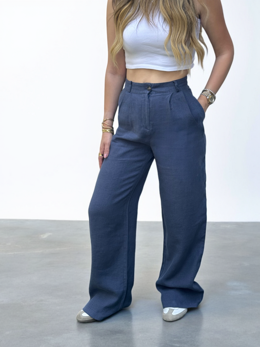 Linen Navy Blue Wide-Leg Pants