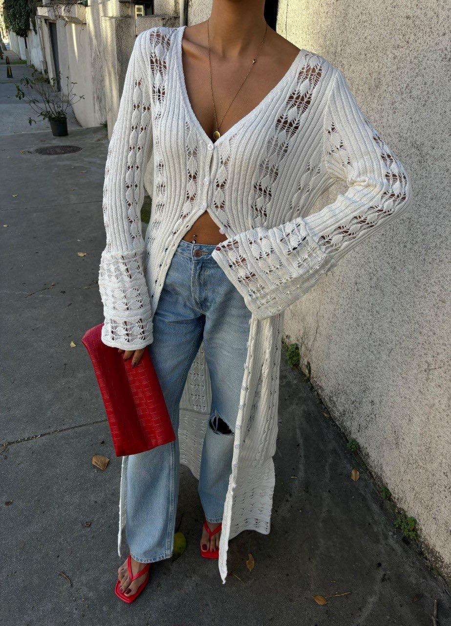 White Open-Knit Maxi Cardigan