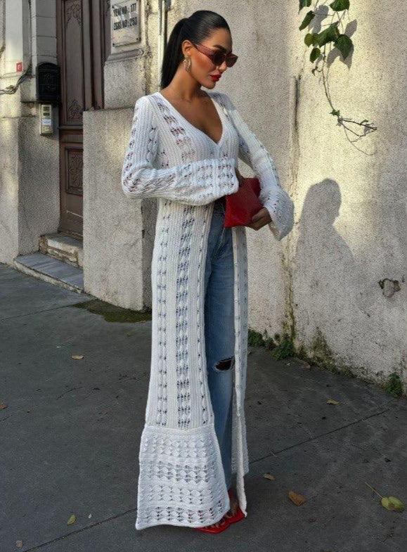 White Open-Knit Maxi Cardigan