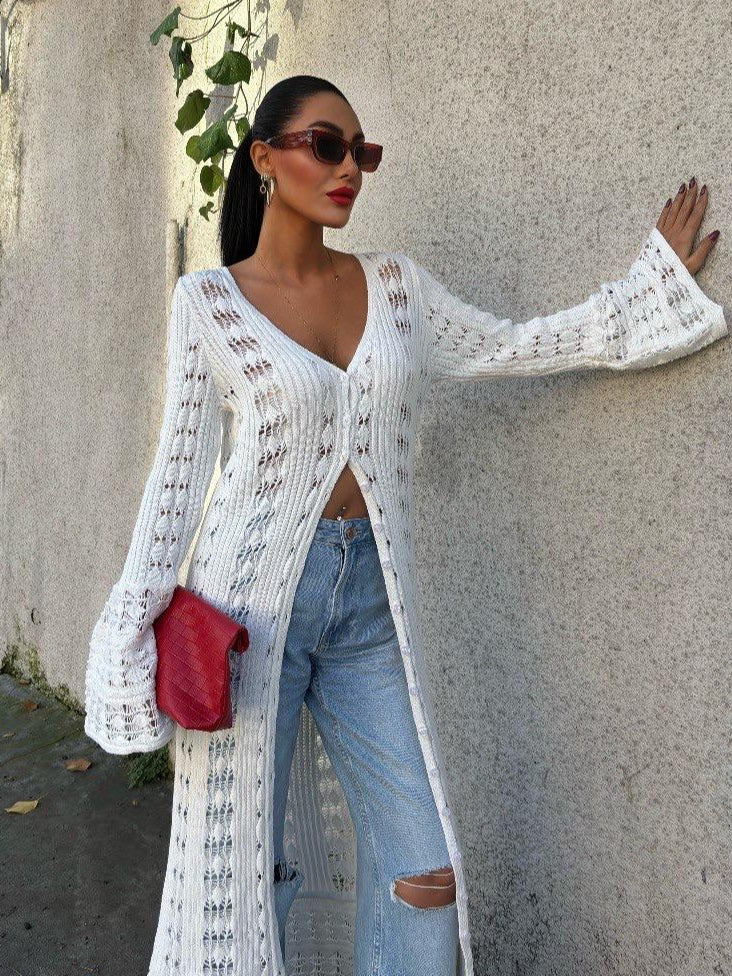 White Open-Knit Maxi Cardigan