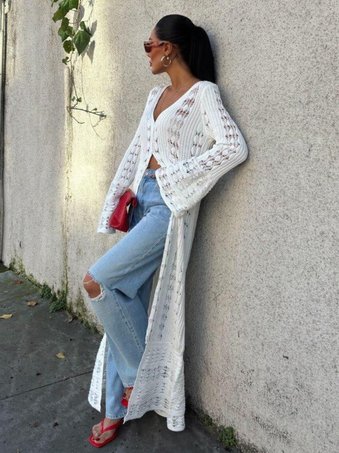 White Open-Knit Maxi Cardigan
