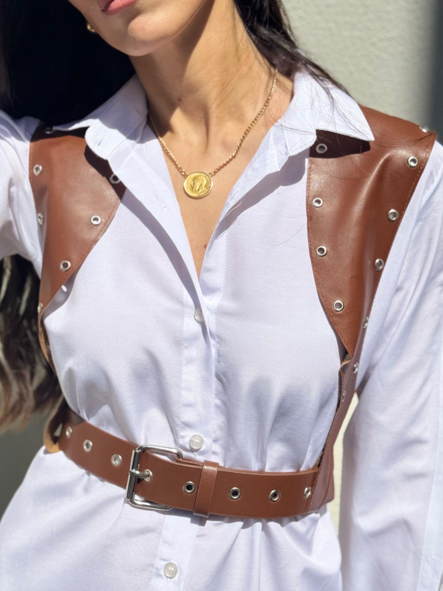 Faux Leather Brown Belt Vest