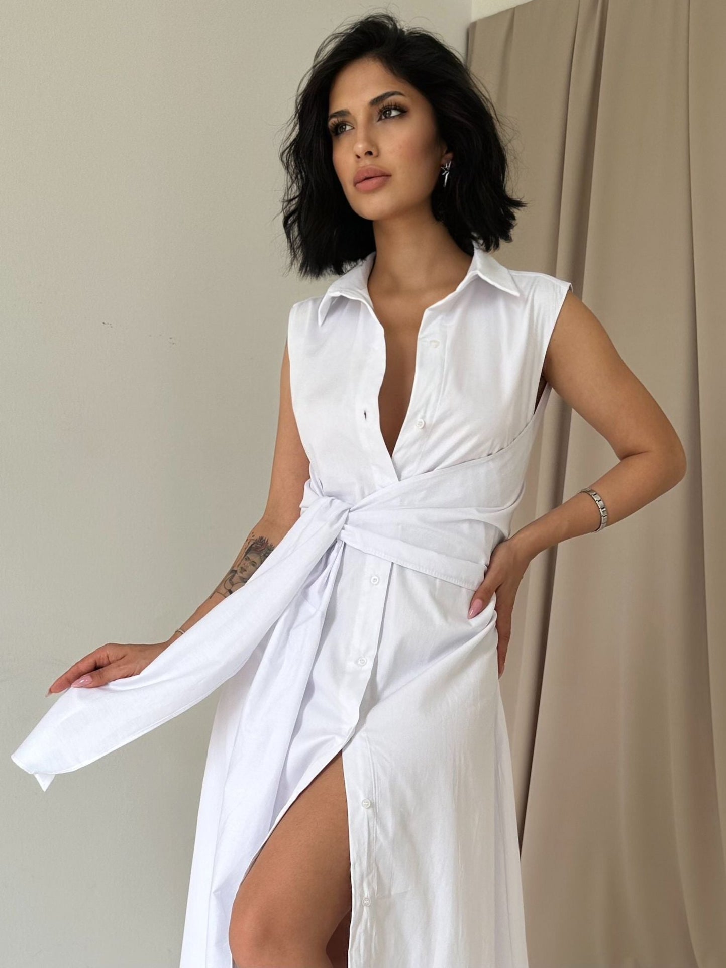 White Belted Wrap Midi Dress