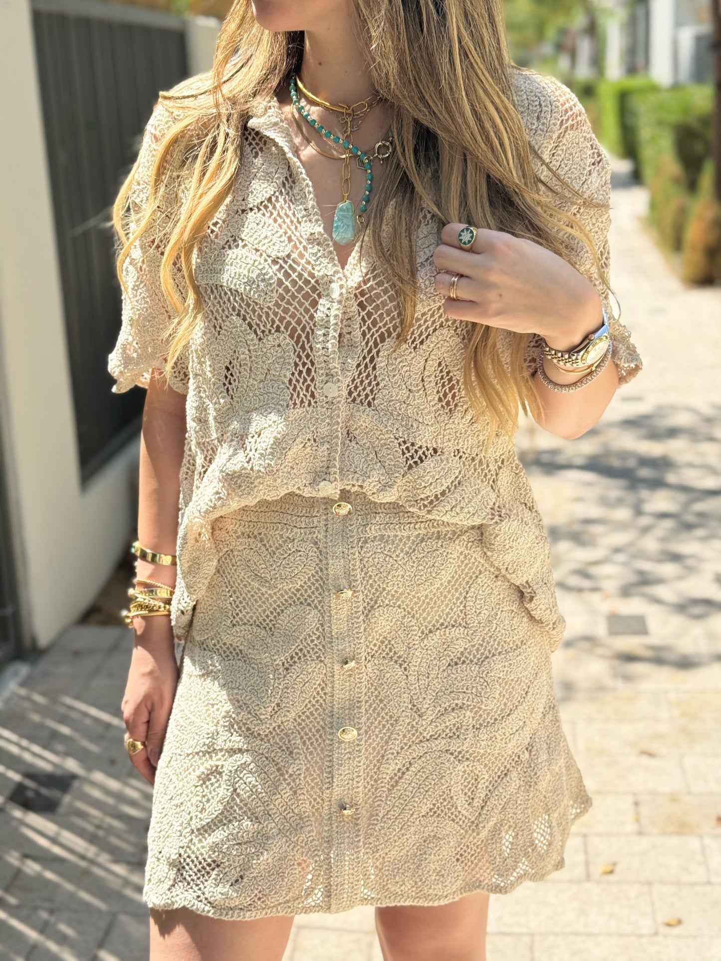 Beige Crochet Skirt Set