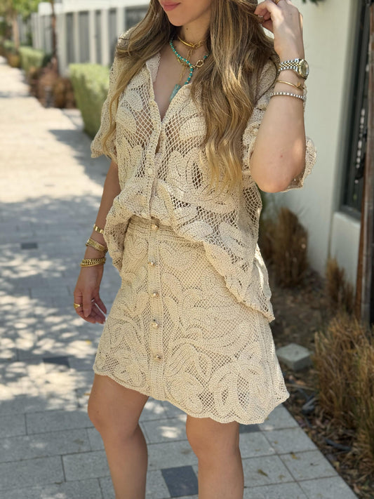 Beige Crochet Skirt Set