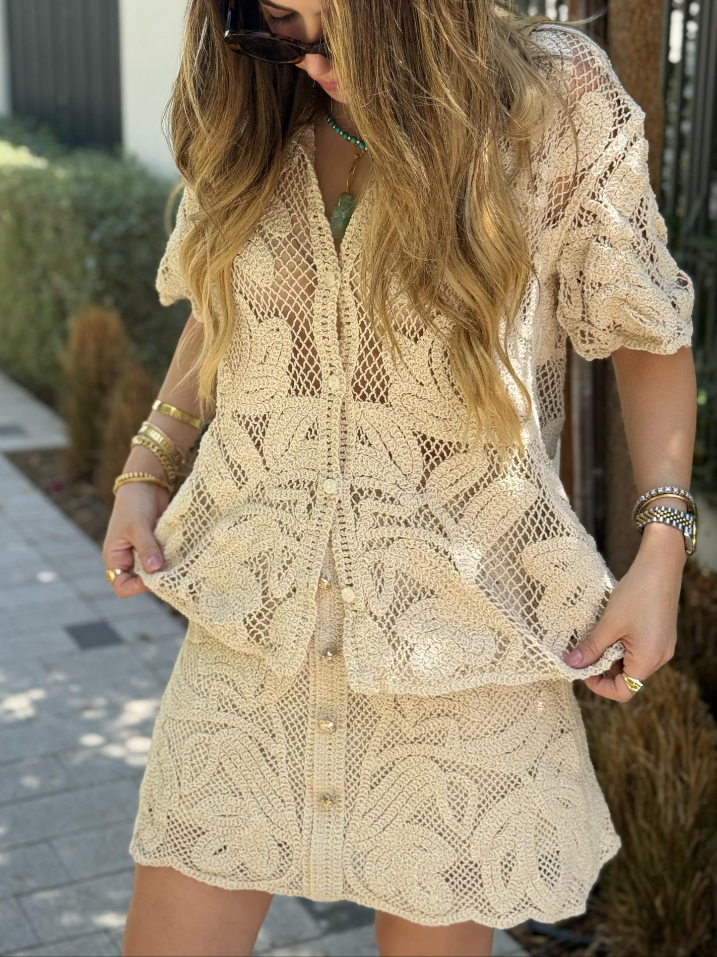 Beige Crochet Skirt Set