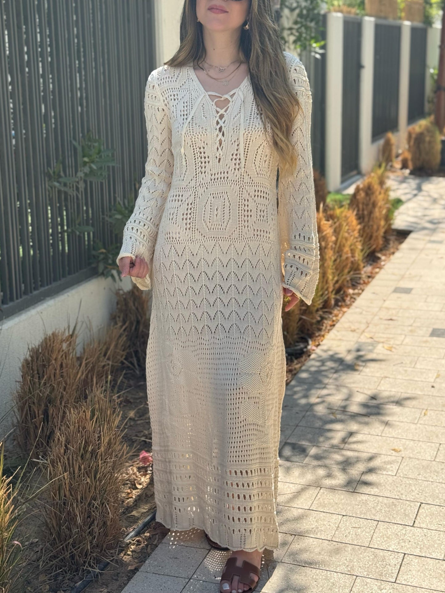 Crochet Knit Lace-up Maxi Dress