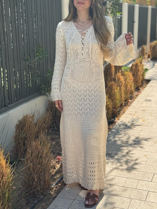 Crochet Knit Lace-up Maxi Dress