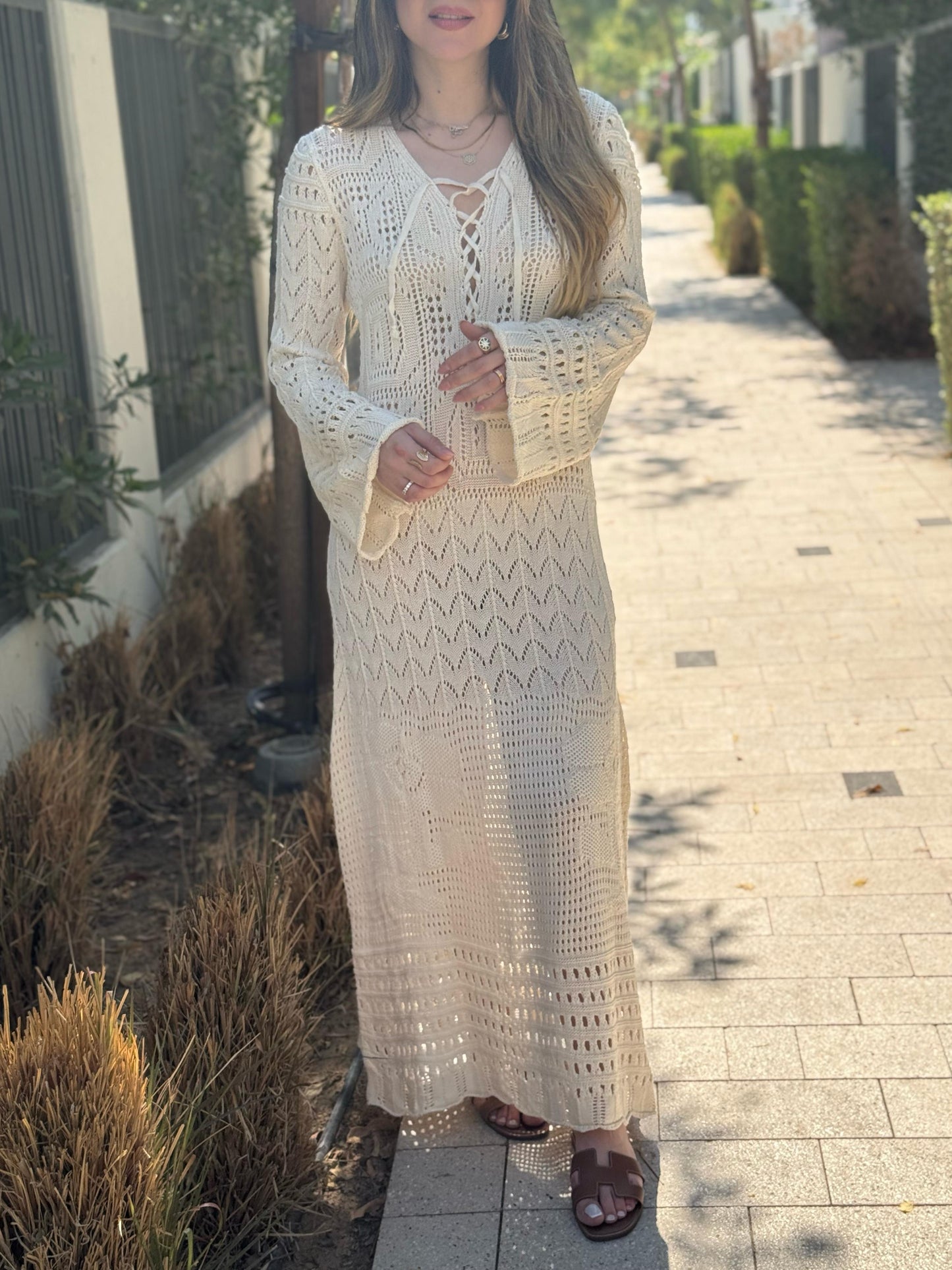 Crochet Knit Lace-up Maxi Dress