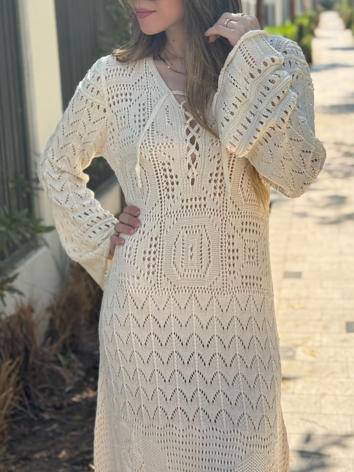 Crochet Knit Lace-up Maxi Dress
