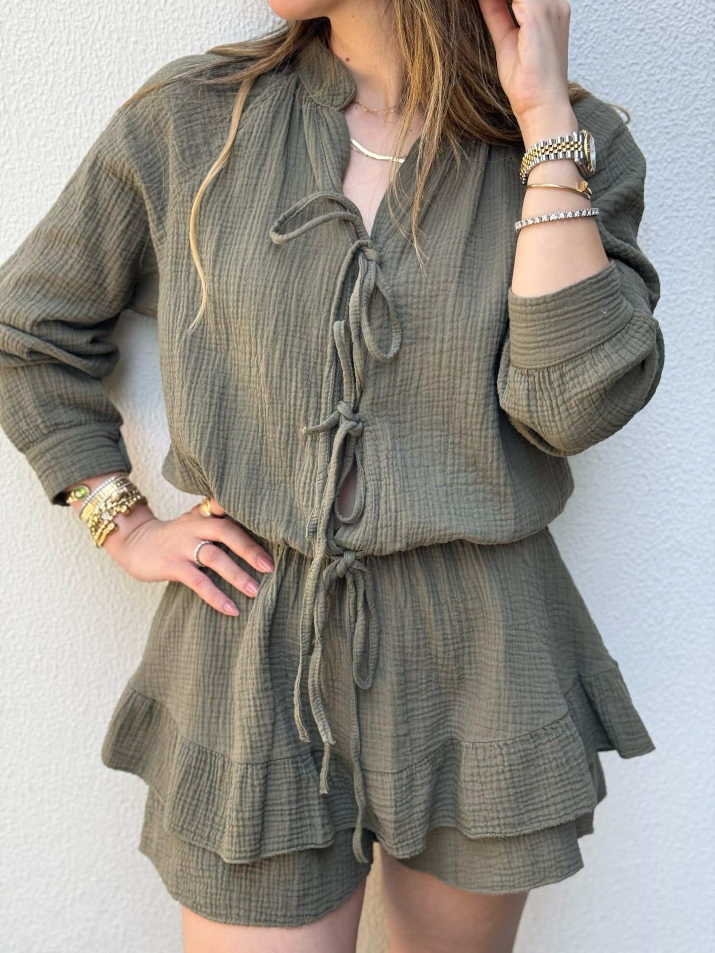 Olive Textured Tie-Front Romper