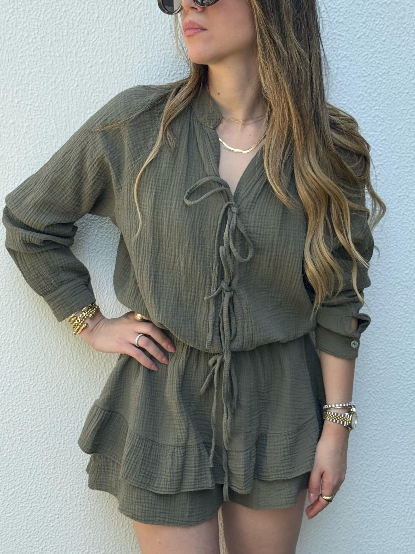 Olive Textured Tie-Front Romper
