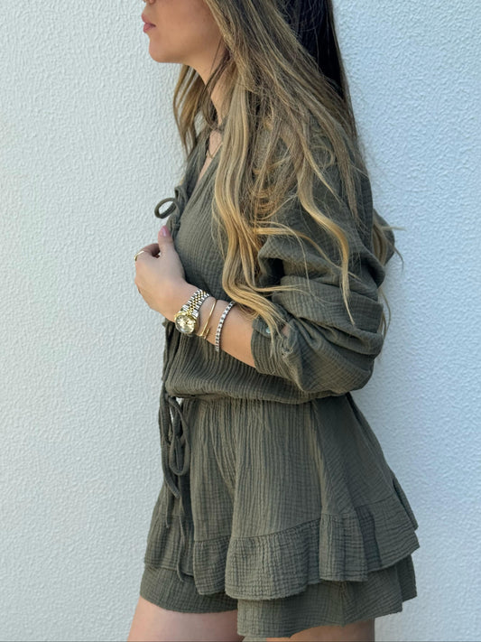 Olive Textured Tie-Front Romper
