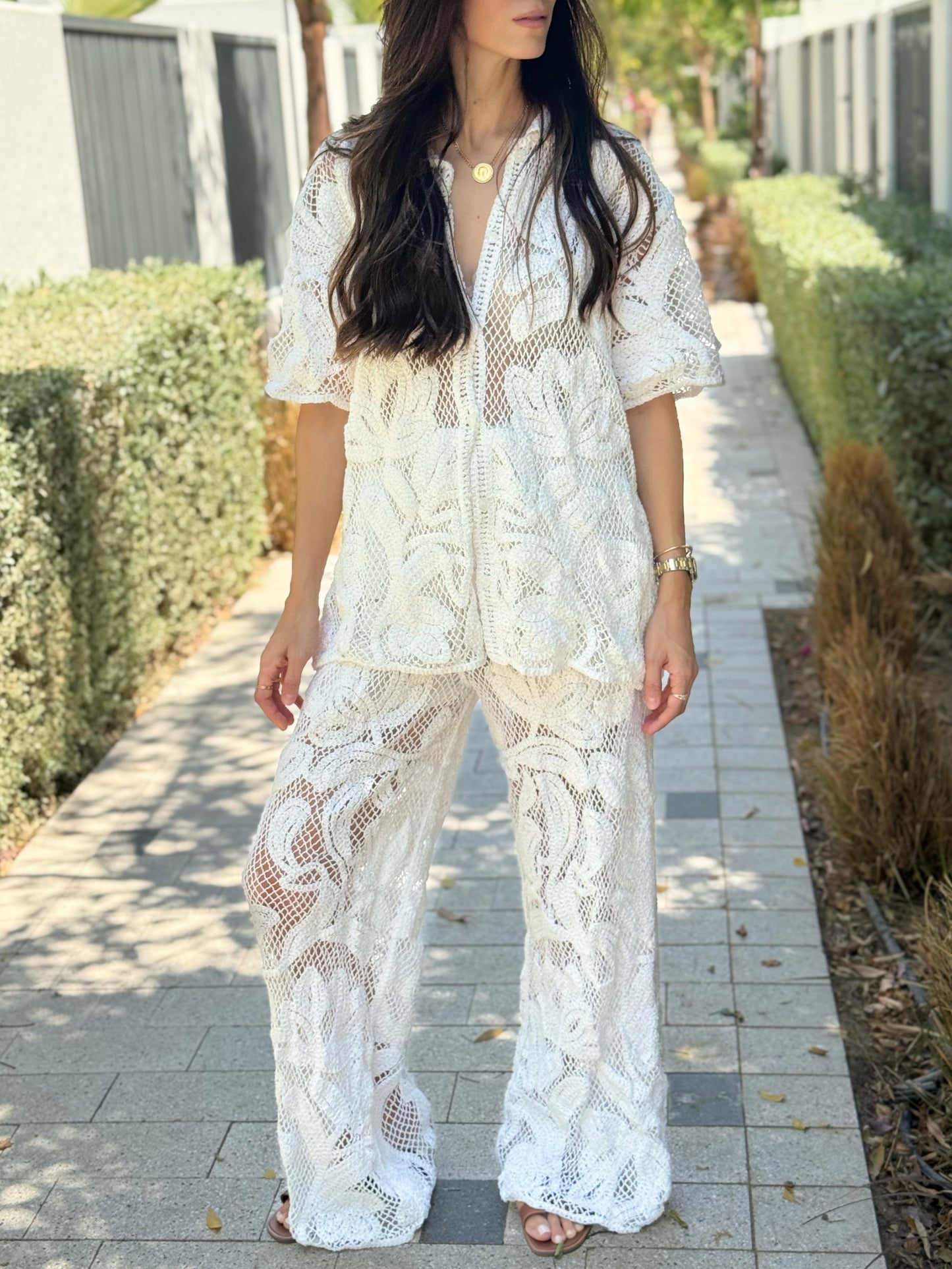 White Crochet Pants Set