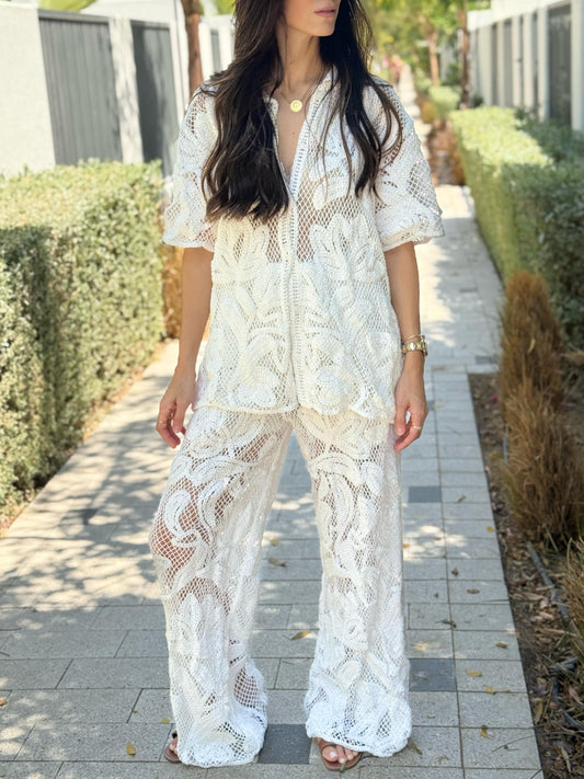 White Crochet Pants Set