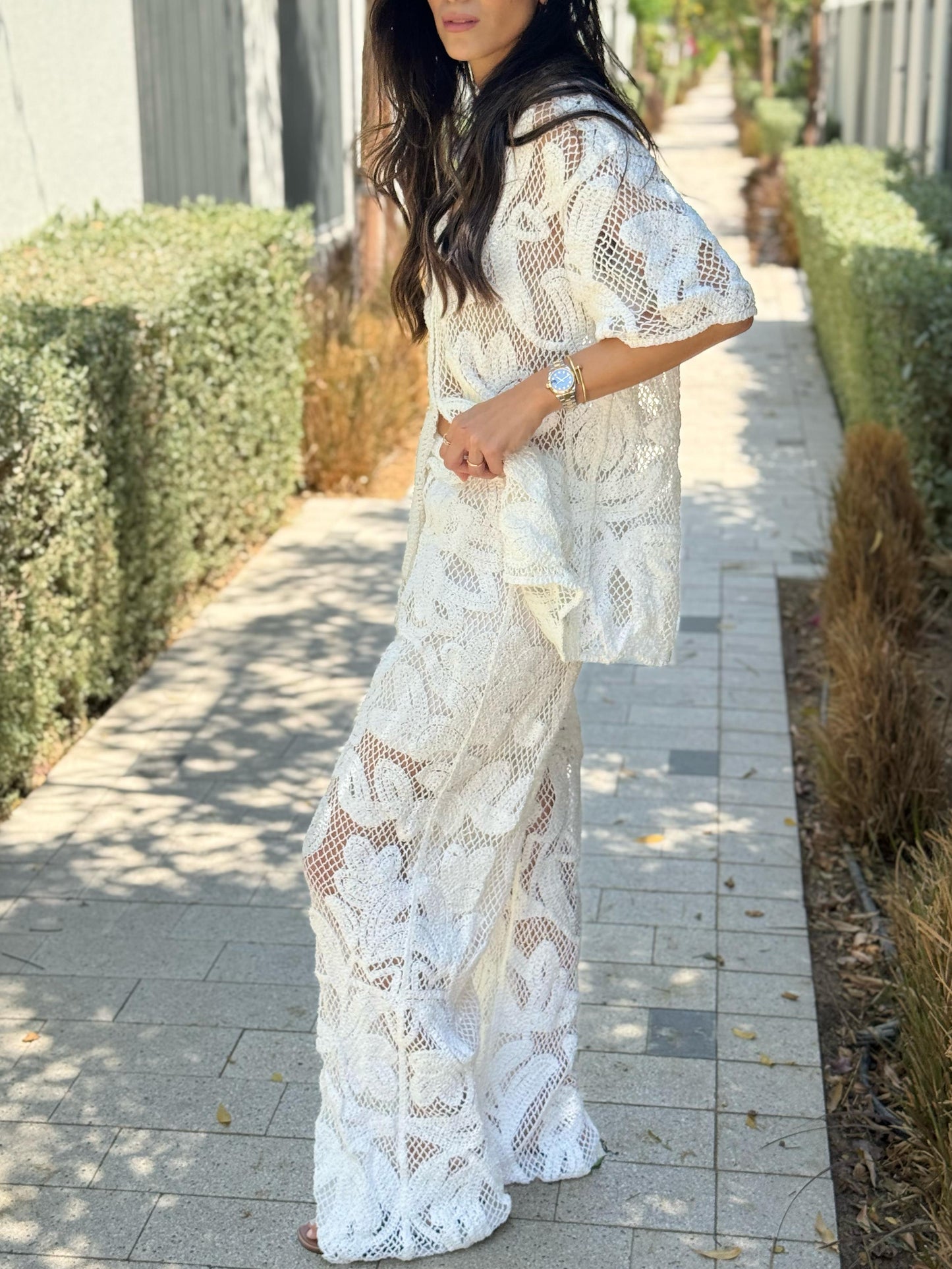 White Crochet Pants Set