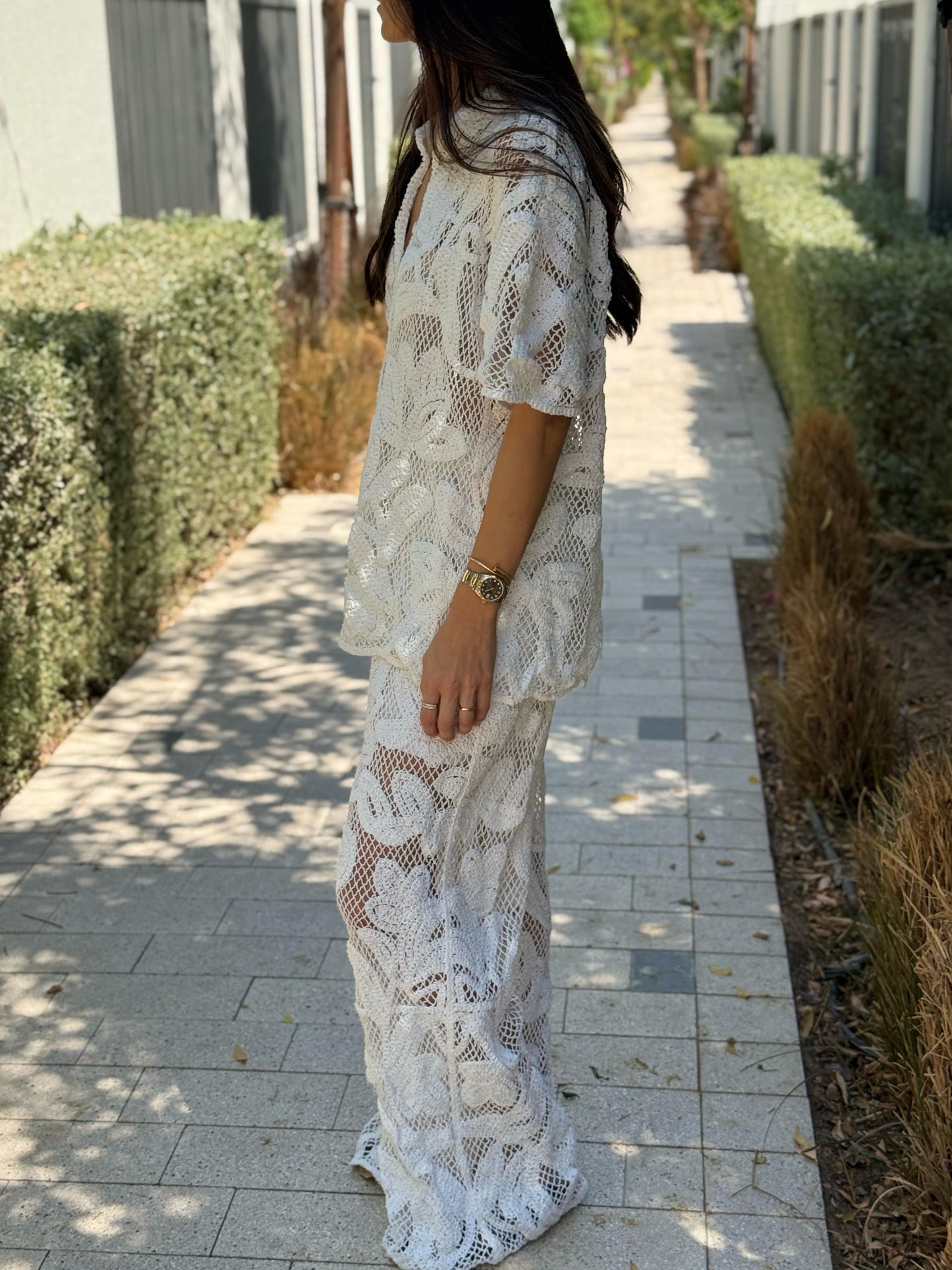 White Crochet Pants Set