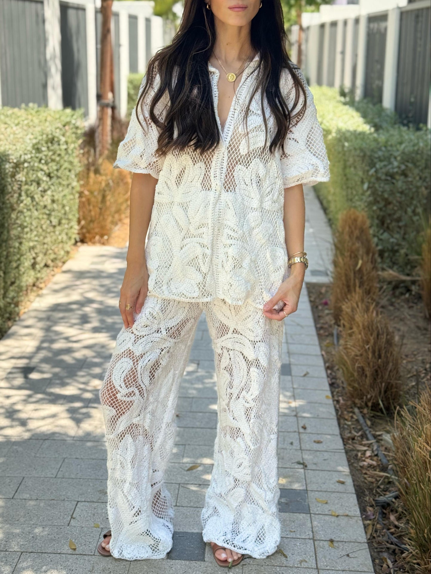 White Crochet Pants Set