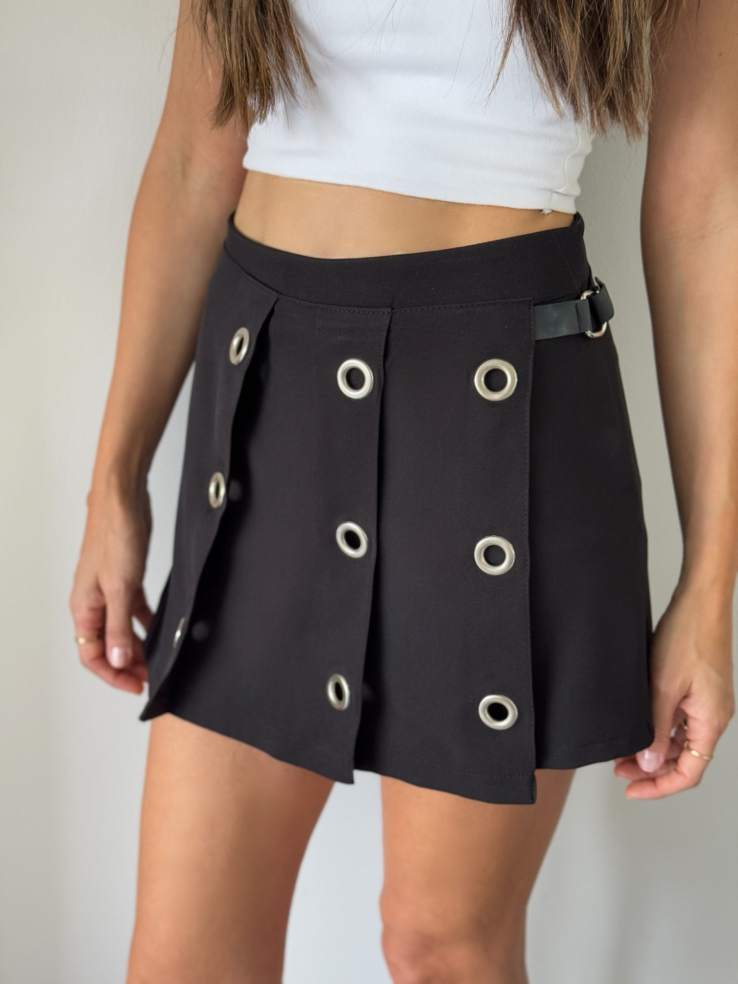 Eyelet-Embellished Mini Skort with Buckle Detail
