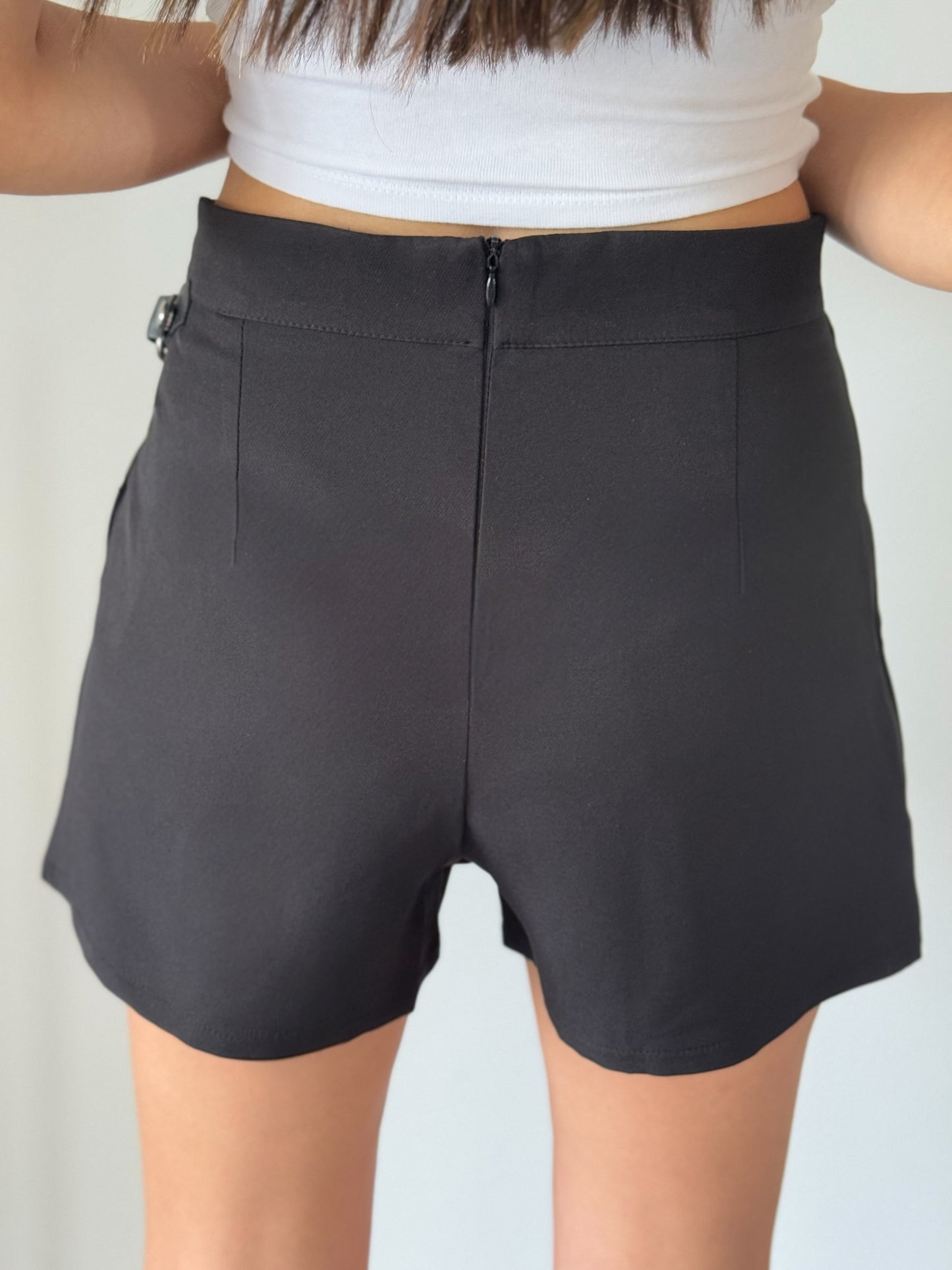 Eyelet-Embellished Mini Skort with Buckle Detail