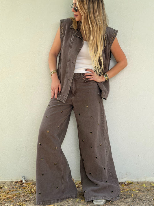 Washed Brown Denim Eyelets Pants