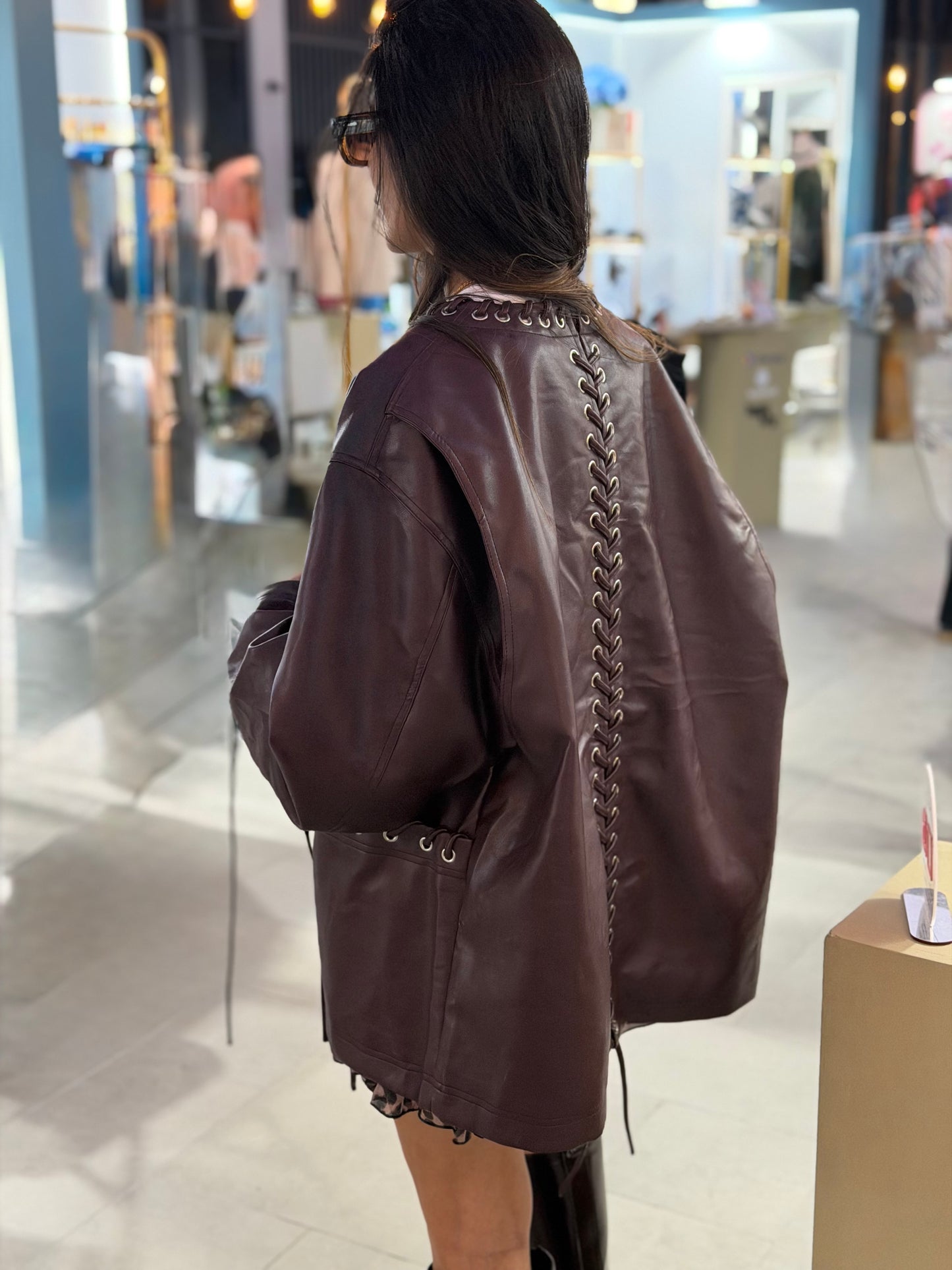 Lace-Up Oversized Leather Jacket