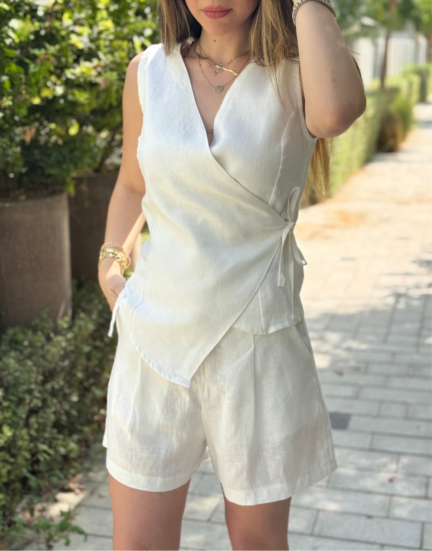 White Linen Shorts Set