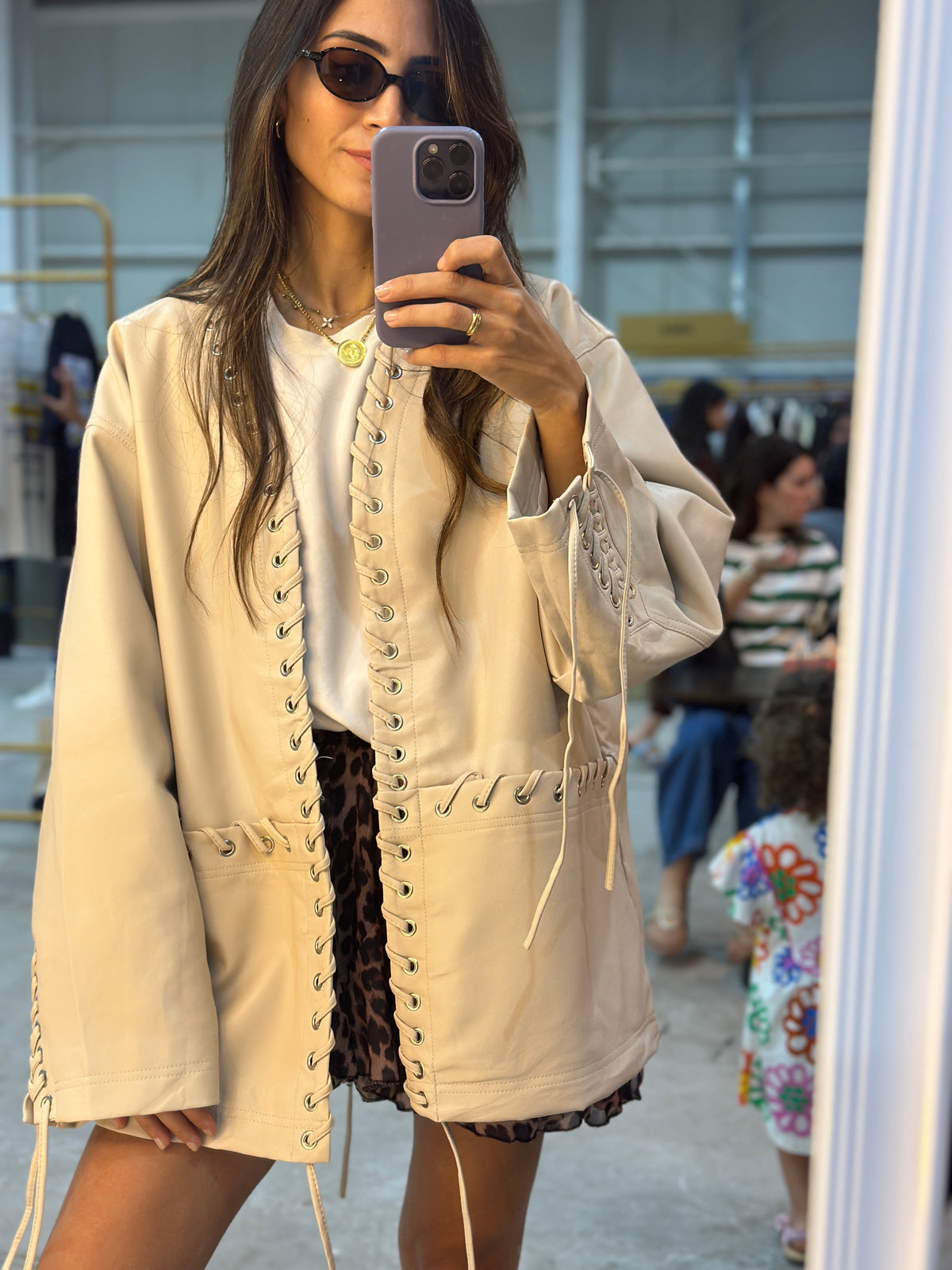 Lace-Up Oversized Leather Jacket-Ivory