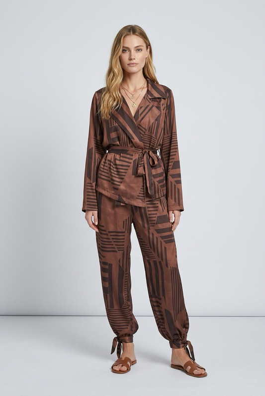 Brown Geometric Satin Co-Ord