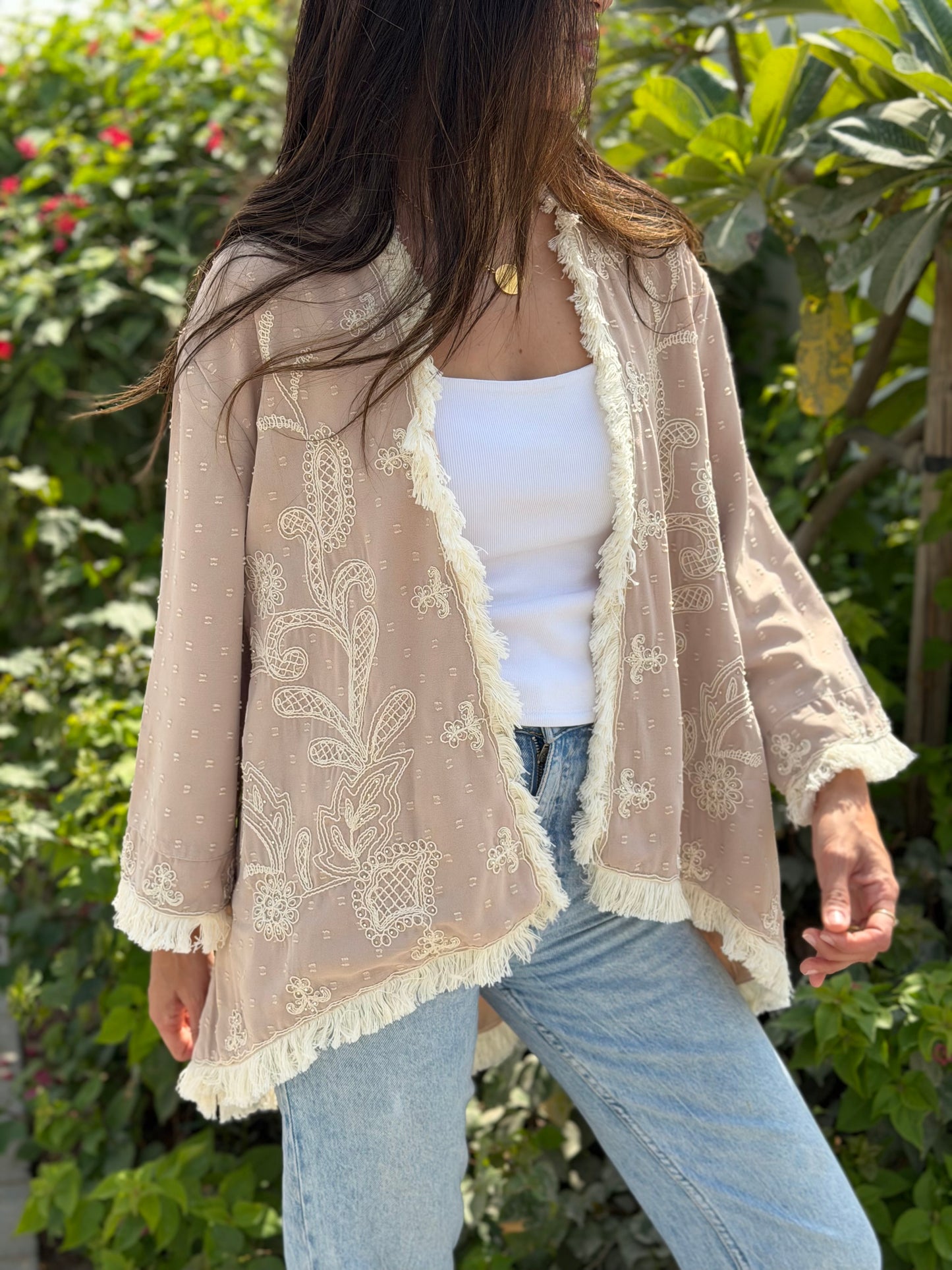 Embroidered Fringe Kimono