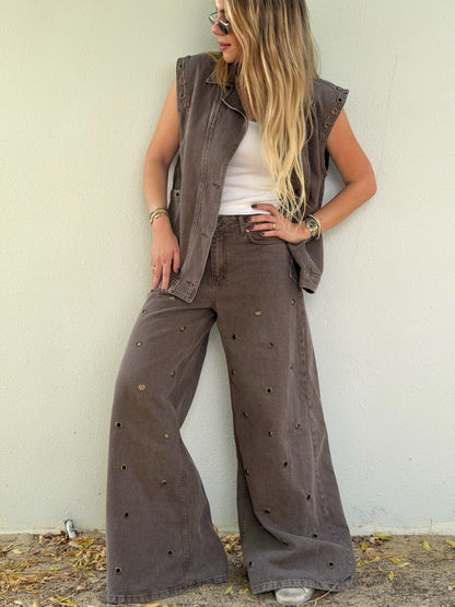 Washed Brown Denim Eyelets Vest