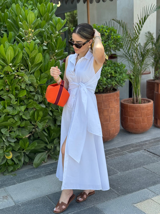 White Belted Wrap Midi Dress