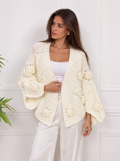 Handmade Cream 3D Floral Tricot Cardigan
