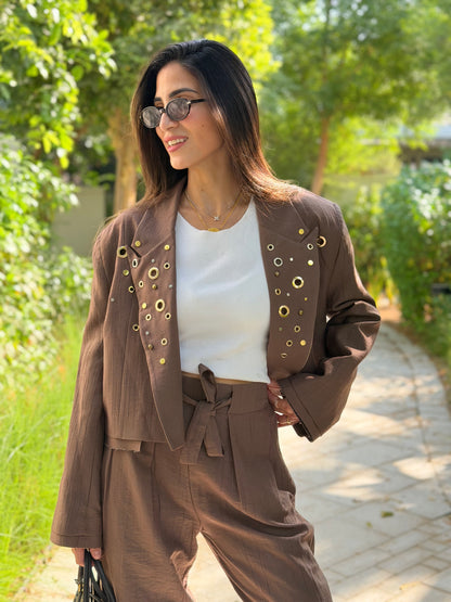 Brown hand-embellished Eyelet Blazer & Trouser Set