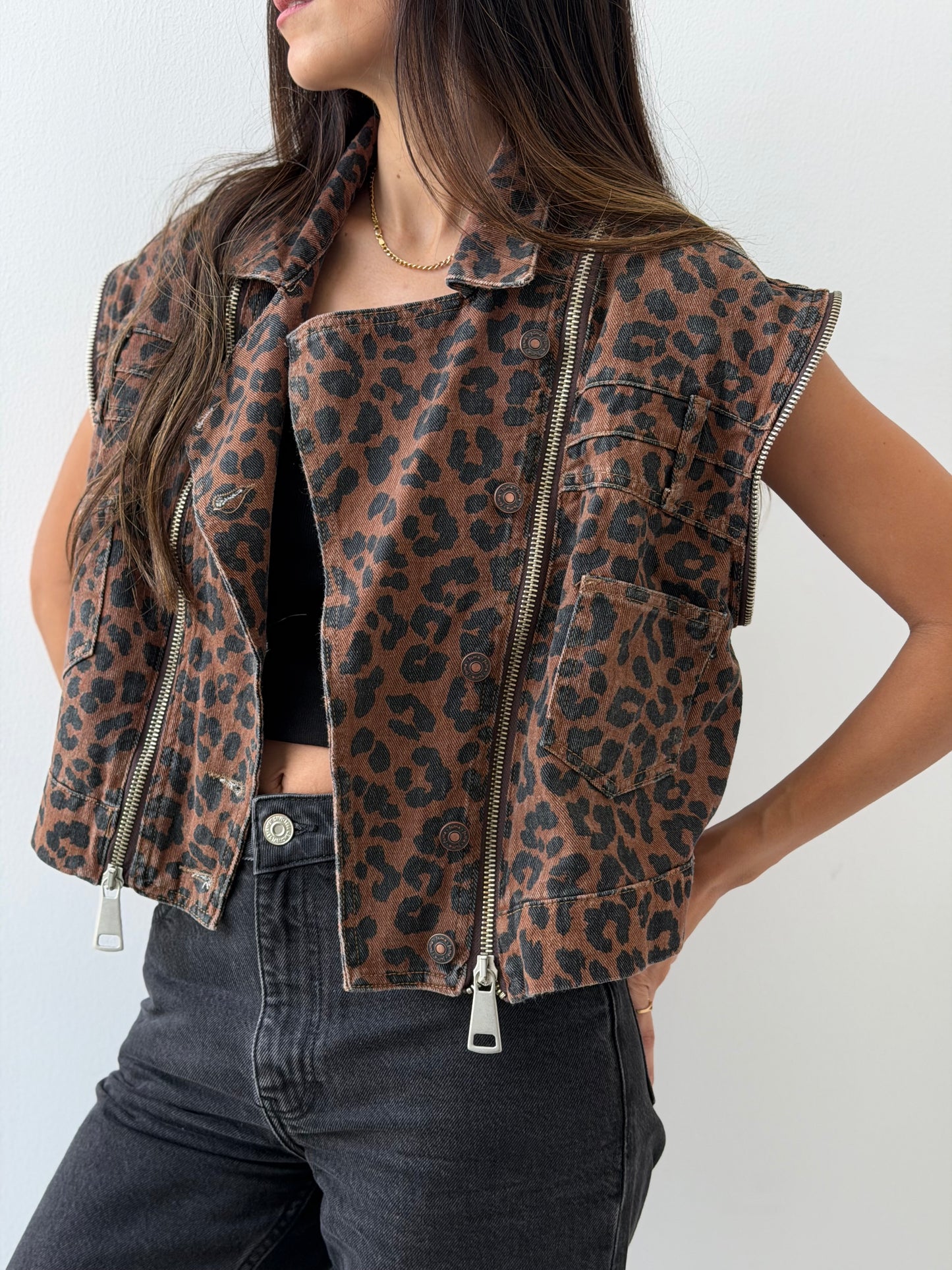 Zipper-Detailed Leopard Denim Vest