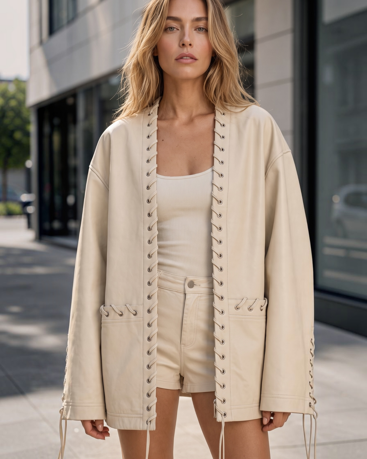 Lace-Up Oversized Leather Jacket-Ivory