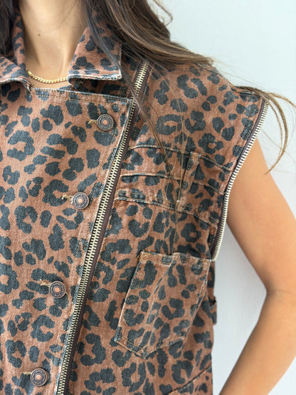 Zipper-Detailed Leopard Denim Vest