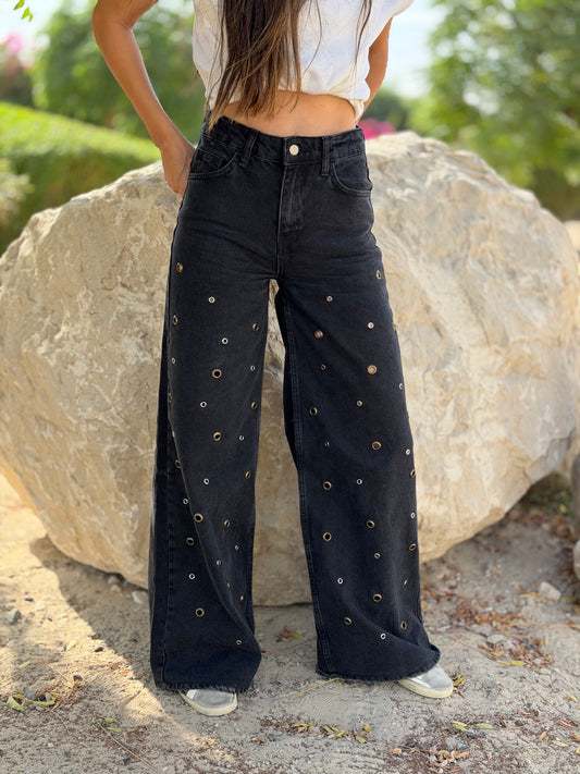 Eyelet-Washed Wide Jeans