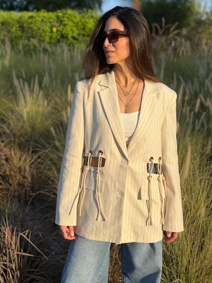 Rope Detail Pinstripe Linen Blazer