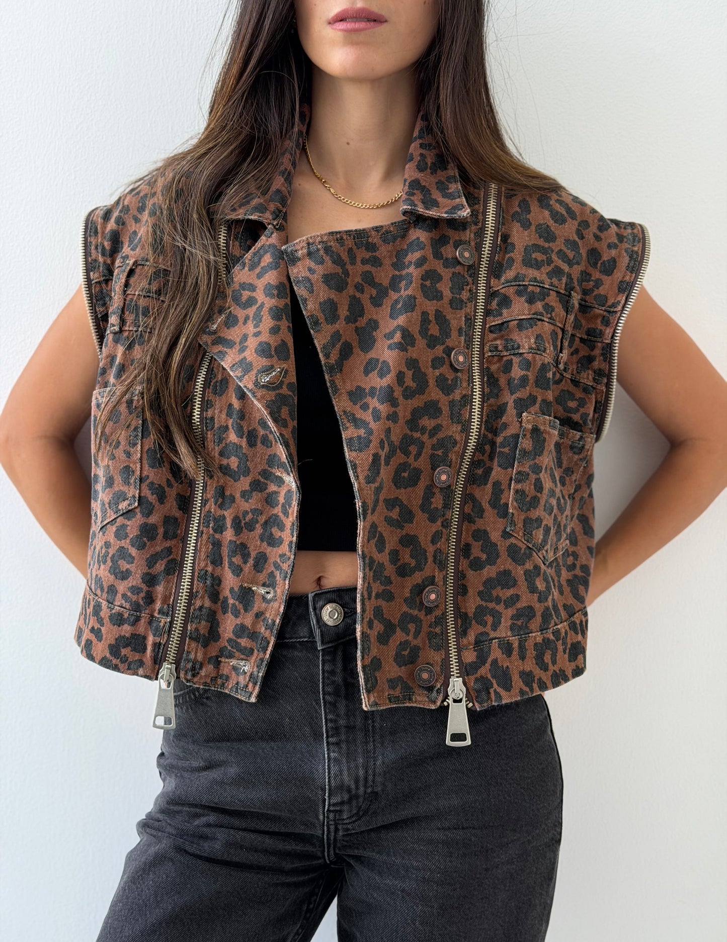 Zipper-Detailed Leopard Denim Vest